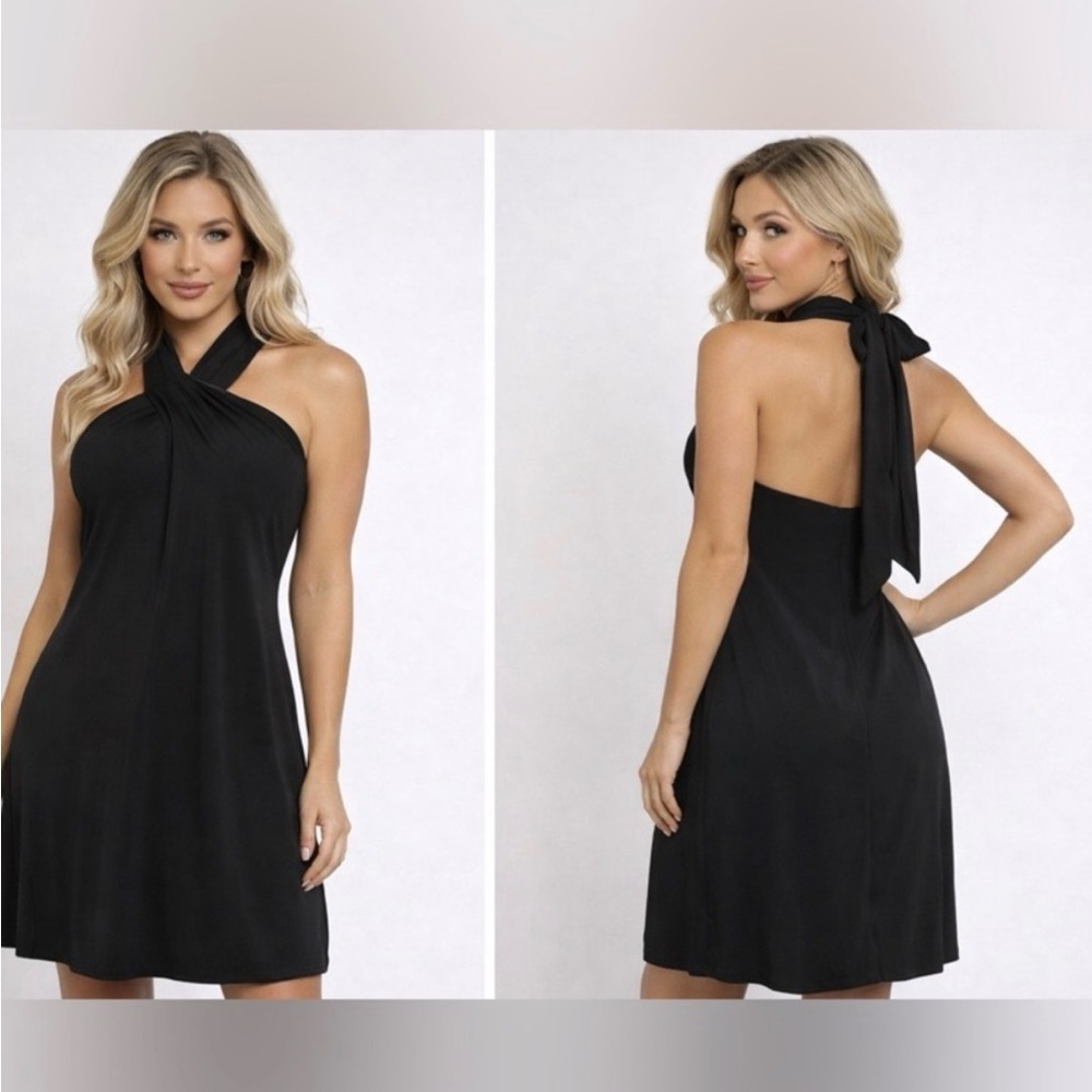 Venus Black Halter Tie-Back Cocktail Dress
